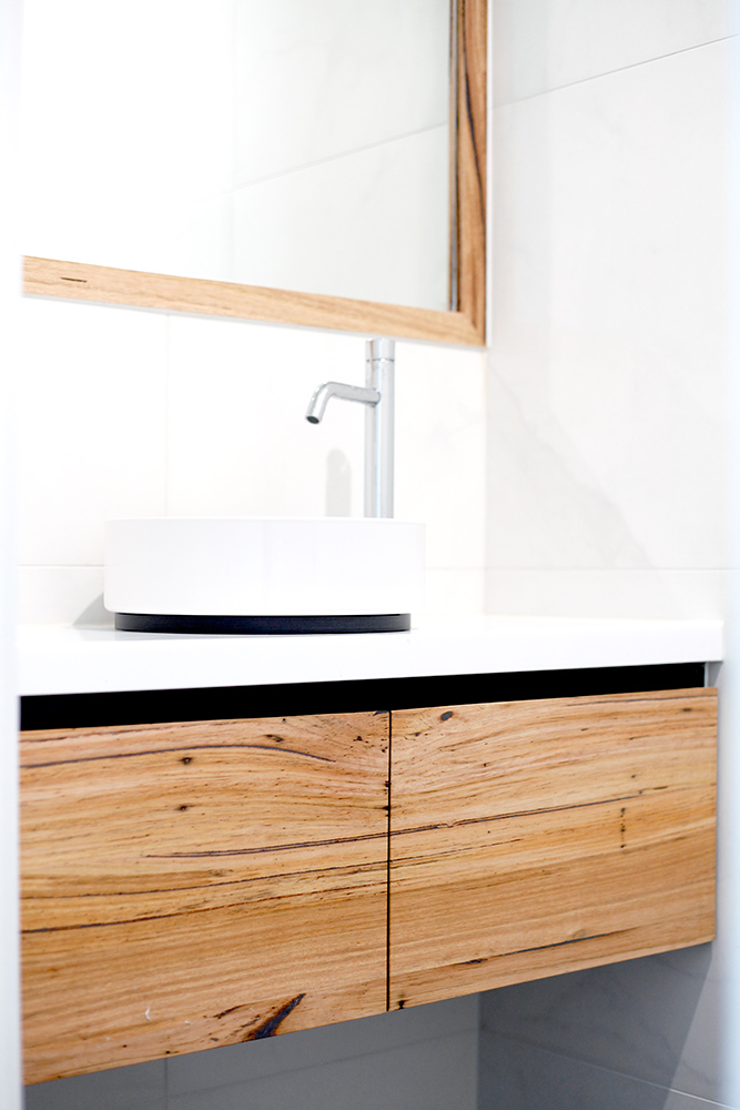 floating timber vanity with doors