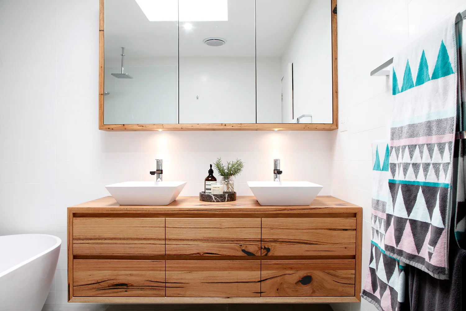 Floating recycled solid timber bathroom vanity