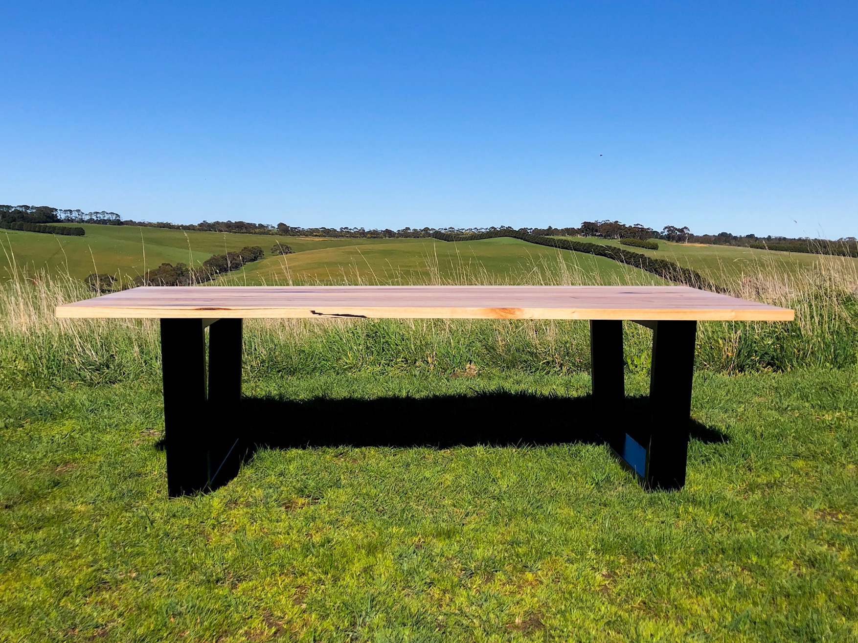 Modern Hardwood Recycled Timber Dining Table With Bespoke Angled Steel Leg