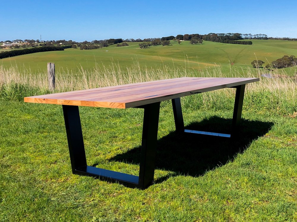 Modern Hardwood Recycled Timber Dining Table With Bespoke Angled Steel Leg Recycled Timber Dining Table, Wooden Table Legs Australia