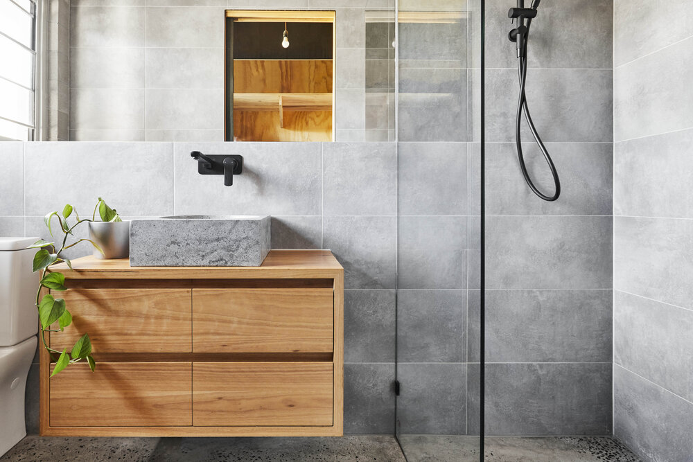 Floating Recycled Solid Timber Bathroom Vanity Recycled Solid Timber Bathroom Vanity, Bathroom Grey Tiles Timber Vanity