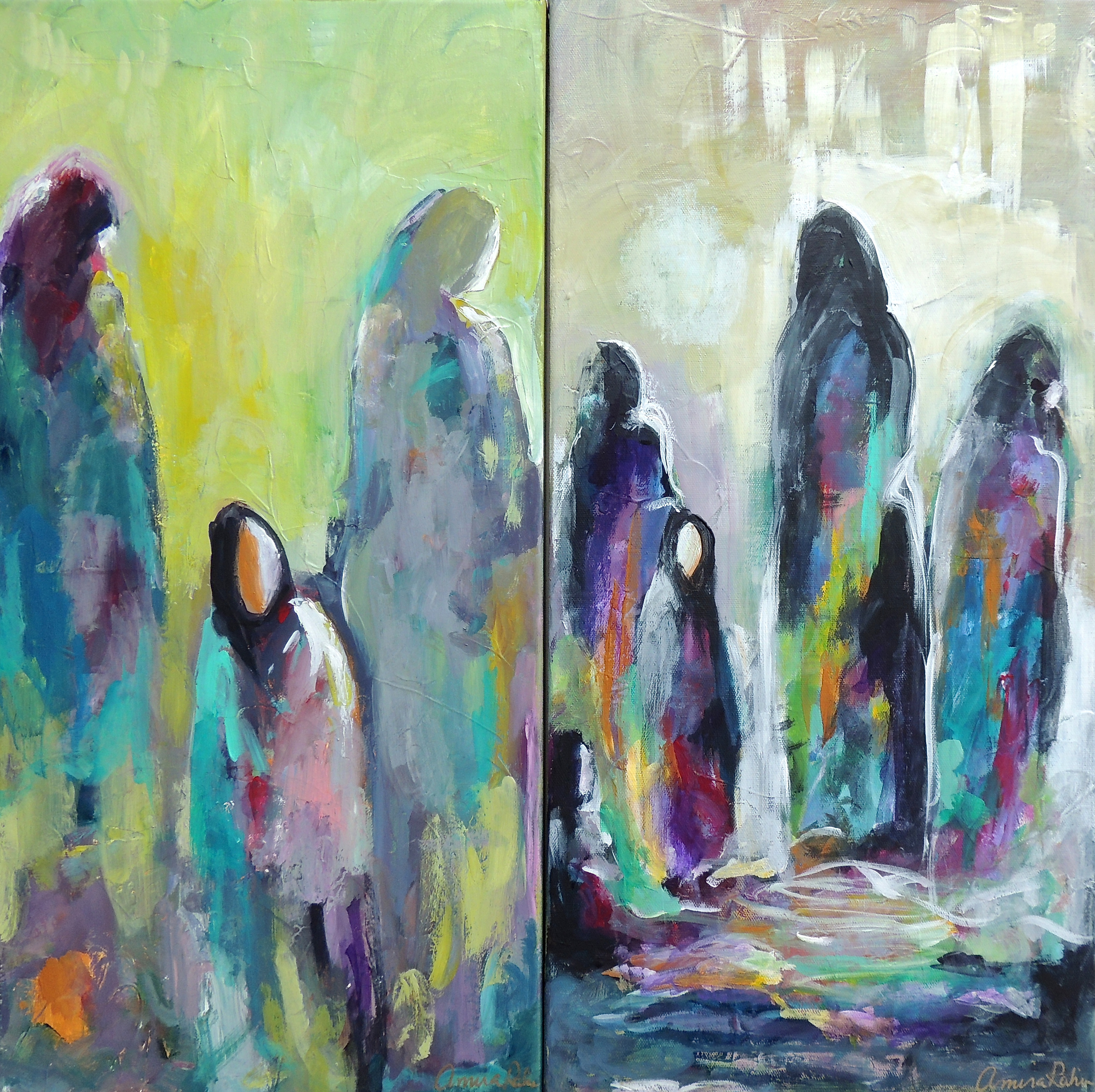"Sisters" and "Tahajjud" 24x24" acrylics on canvas