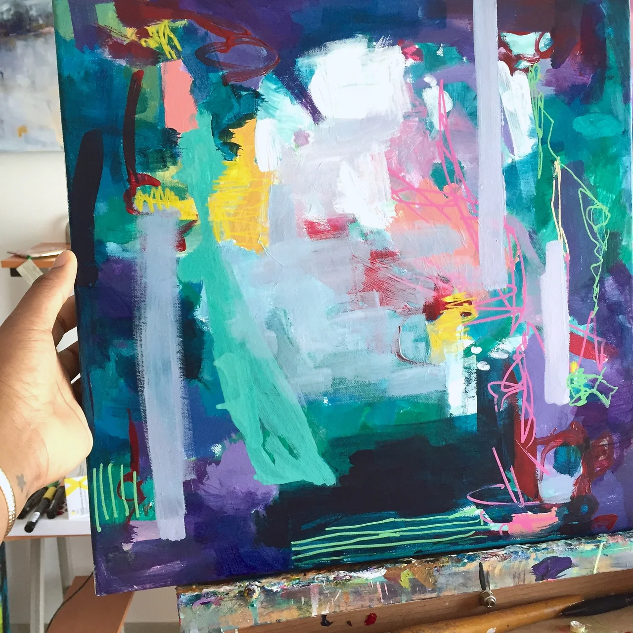 I added a few lines and muted out some spaces. I like the moodiness of the piece. It's not as bright as I would have hoped but..