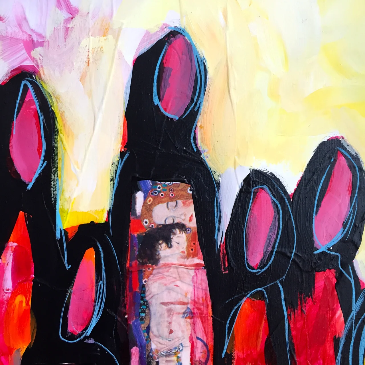 Collage work in my upcoming abaya paintings. These are found papers featuring Klimt.