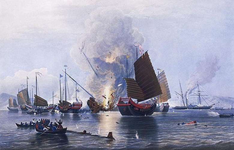 The East India Company iron steam ship  Nemesis , commanded by Lieutenant W. H. Hall, with boats from the  Sulphur ,  Calliope ,  Larne  and  Starling , destroying the Chinese war junks in Anson's Bay, on 7 January 1841
