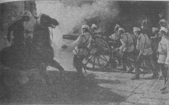 Russian cannons firing at Beijing gates during the night. August, 14, 1900