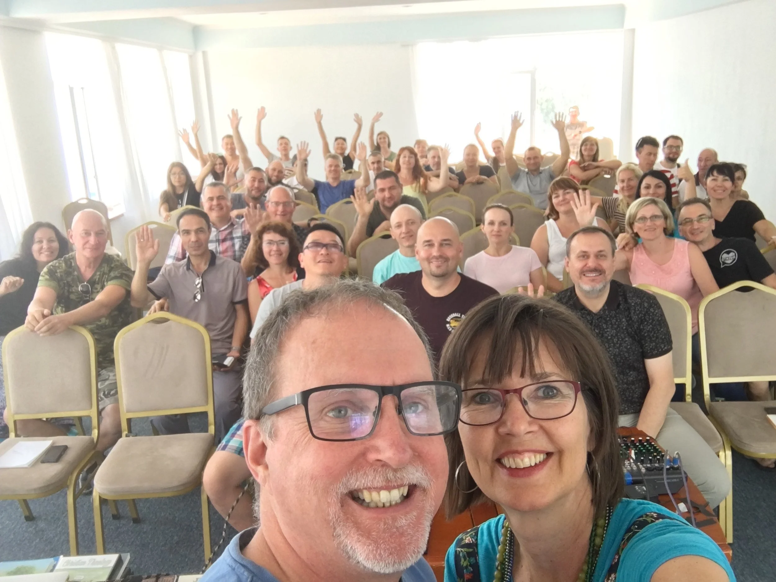 Issyk-Kul, Kyrgyzstan: Andy and Tammy Fleming with a group of parents from the five Central Asian churches. 