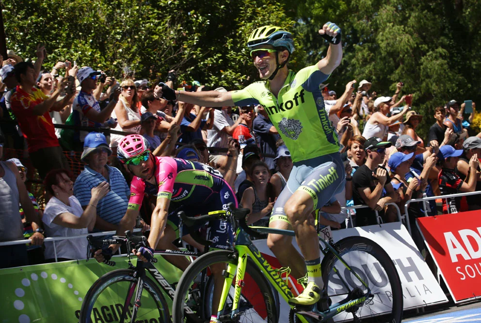 Stage2a-Australian Jay McCarthy(Tinkoff) beats Italian Diego Ulissi (Lampre-Merida) on the Staging Connections Stage 2 finish line.