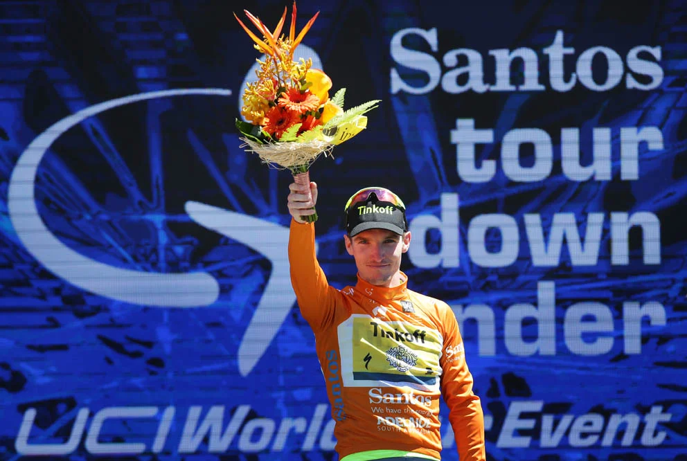 Stage2c-Australian Jay McCarthy(Tinkoff) wears the Santos Ochre Leaders jersey