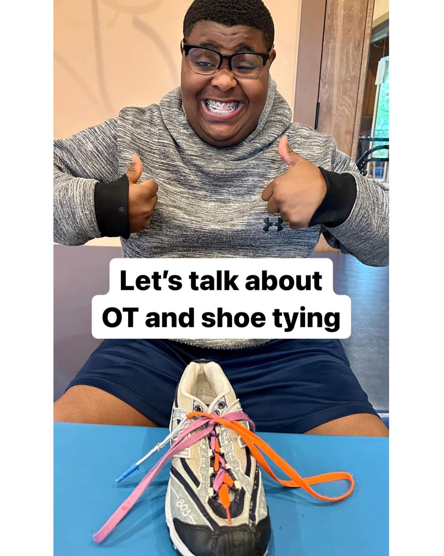We are halfway through OT month already! Today, our OTs wanted to talk about shoe tying &ndash;
&nbsp;
One of our jobs as OTs is to teach adaptive strategies to help achieve independence, and this includes tying our shoes. There are many different wa