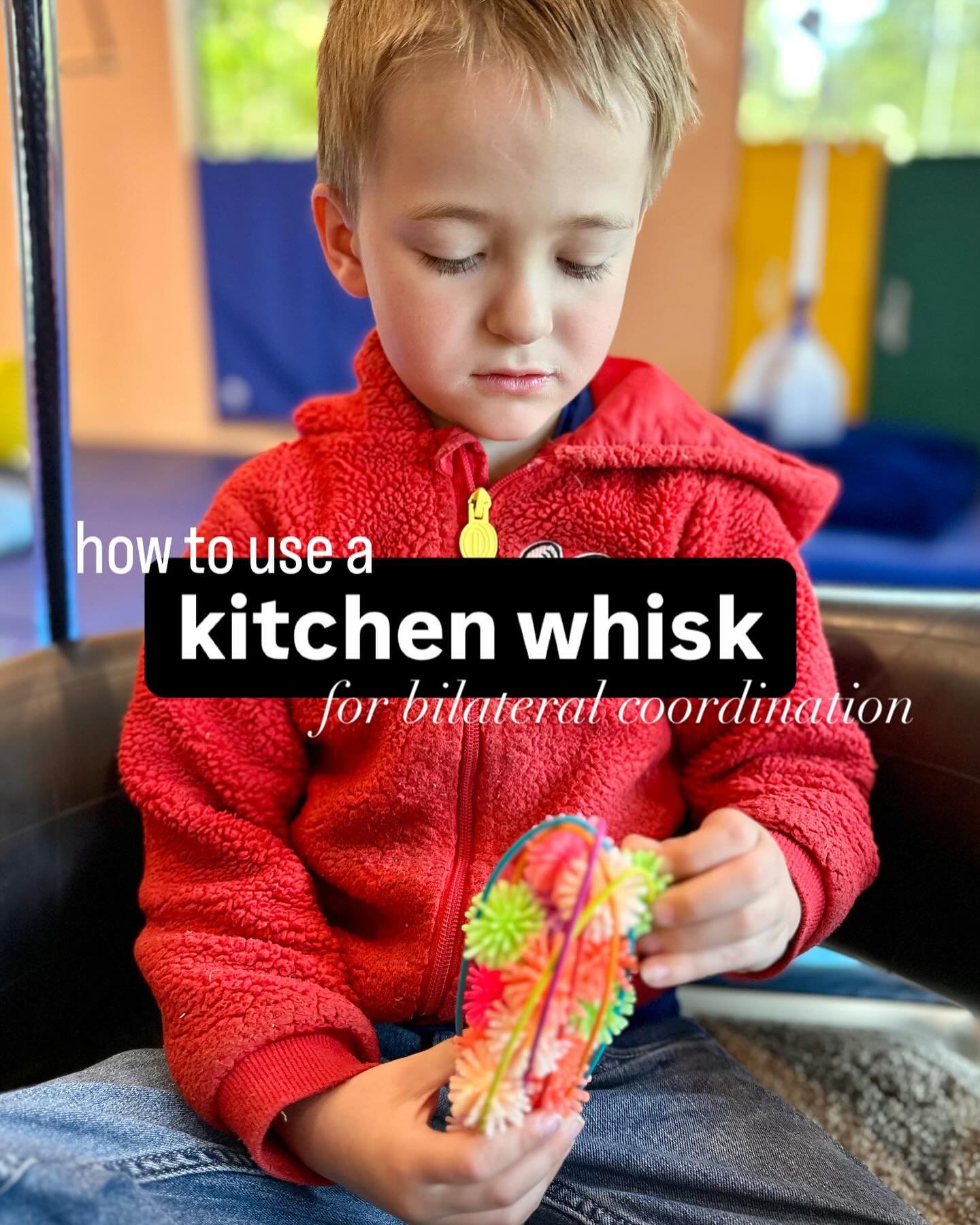 If you have a kitchen whisk and any small items, you can work on bilateral coordination at home! 

What do we need bilateral coordination for?

🔴 To hold our paper while we cut
🟠 To hold the bowl while we mix food
🟡 To fold our laundry 
🟢 To hold