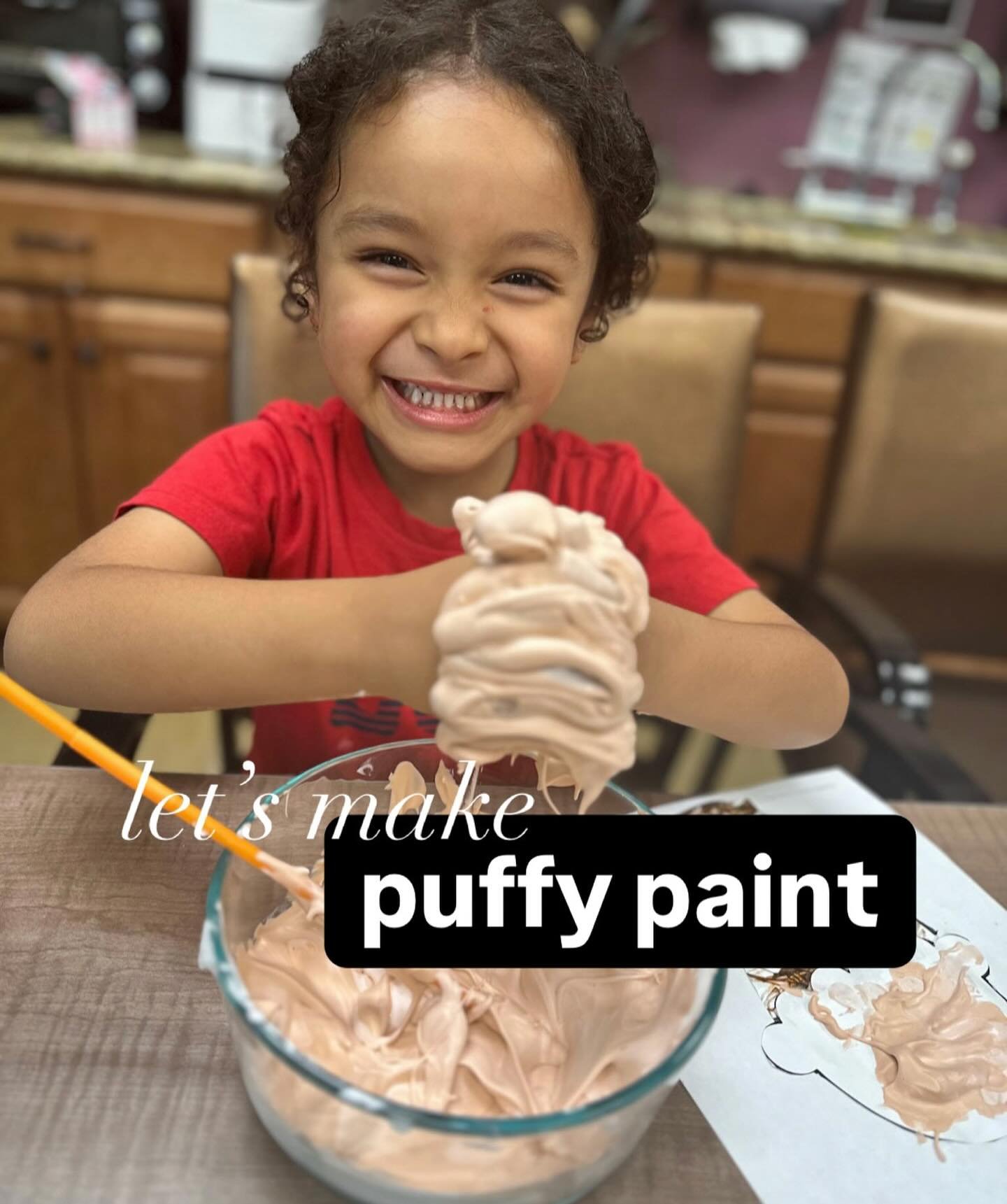 We had so much fun using puffy paint to make an ice cream cone in OT using a template from @toolstogrow !Puffy Paint is a great way to work on sequencing steps and sensory processing. 

To make our puffy paint, we used about equal parts glue and shav