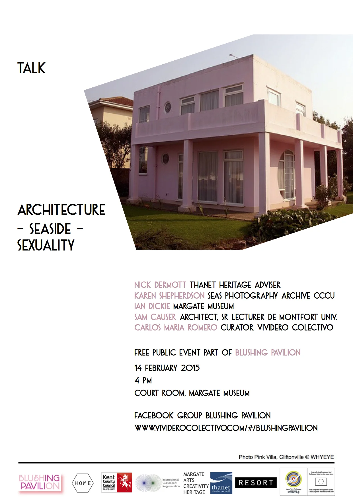 Come and bring your loved one(s) to an event that will make your Valentine's day a complete blushing experience. We have organized a number of contributions from heritage experts that will expand our understanding of how Margate and Cliftonville's seaside culture, landscape and architecture have historically contributed to the expression and repression of bodies, gender and sexuality. The talk will be given by: Nick Dermott, Thanet Heritage Adviser Karen Shepherdson, Seas Photography Archive CCCU Ian Dickie, Margate Museum Sam Causer, Architect and Sr Lecturer De Montfort University Carlos Maria Romero, Curator Vividero Colectivo 14 February 2015 16:00 Court Room, Margate Museum Free public event https://www.facebook.com/events/1415295935431553/?ref_newsfeed_story_type=regular