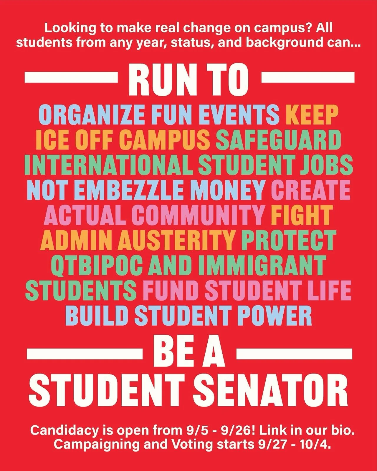 Looking to make some real change on campus this year? Candidacy to run for the Fall ‘25 Special Elections is now open! π₯ Link in our bio will be open until September 26th π
All students from any year, immigration status, and background can b