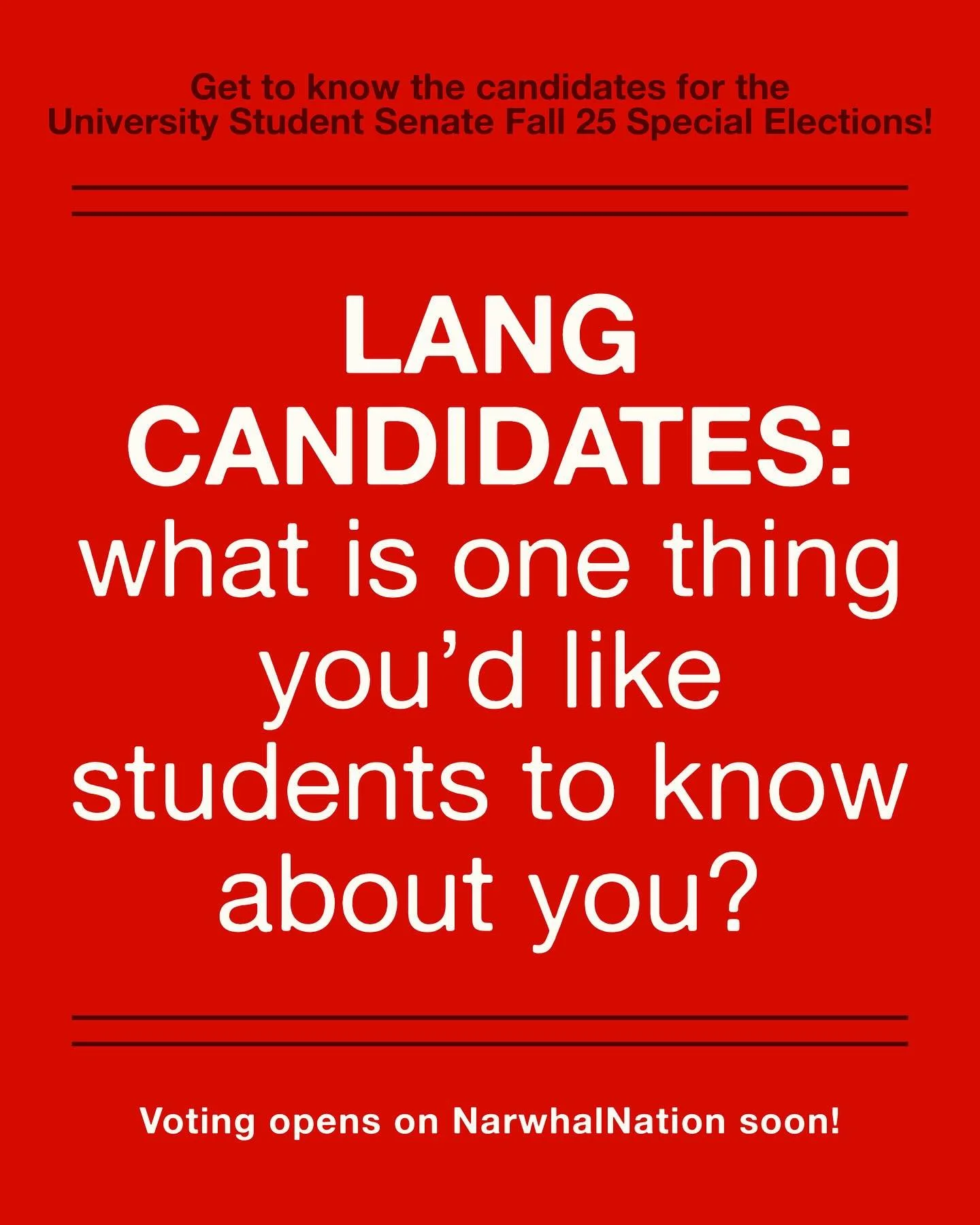 π Get to know your Lang candidates for the USS Fall 25-26 Special Elections by reading their answers to the question: “What is one thing you’d like students to know about you?”
Full candidate platforms available at the link in our