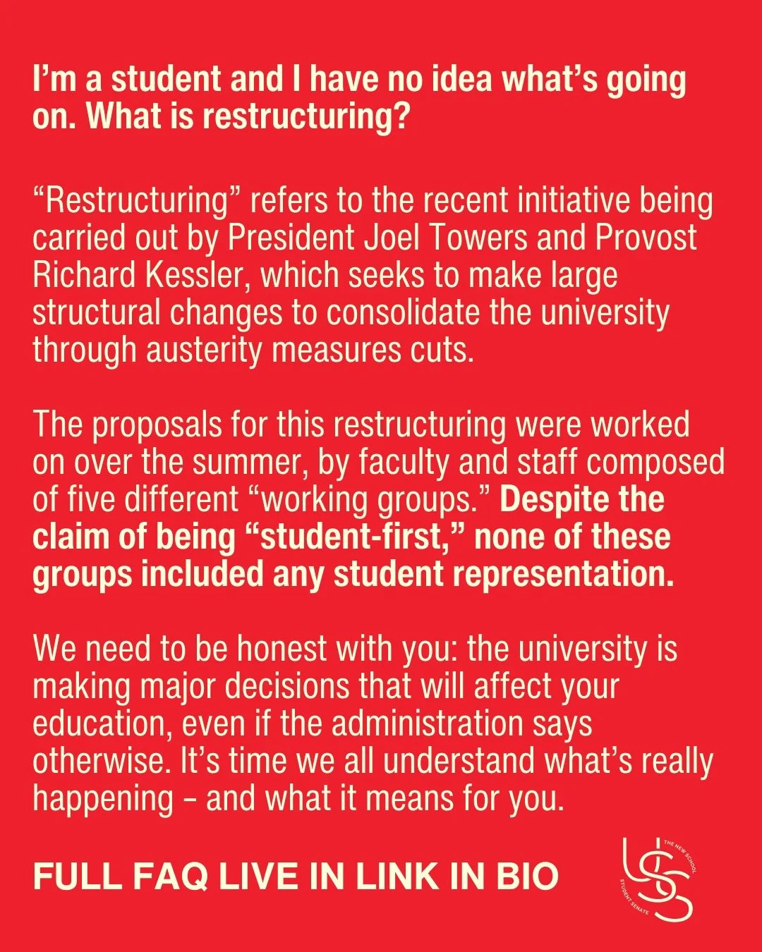 🔥 Our Restructuring FAQ is LIVE IN OUR LINK IN BIO! 🔥 Catch the link to our live document, as well as notes from our latest meeting with President Towers and Provost Kessler around serious issues that are affecting our entire student community.

Sh