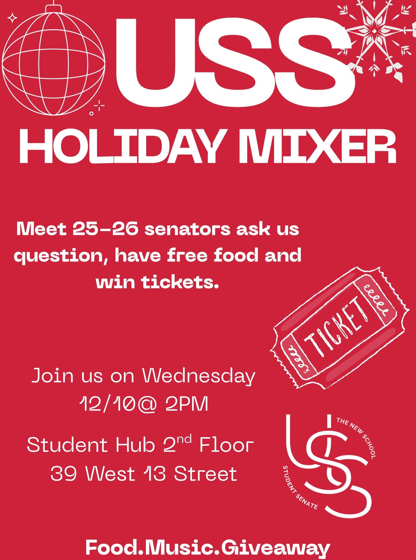 Come join your senators at the USS Holiday Mixer, held in the Student Hub on the second floor of 39 West 13th St! The USS is hosting a holiday mixer to build a stronger sense of community as we end 2025 and our fall semester! We hope to see you all t
