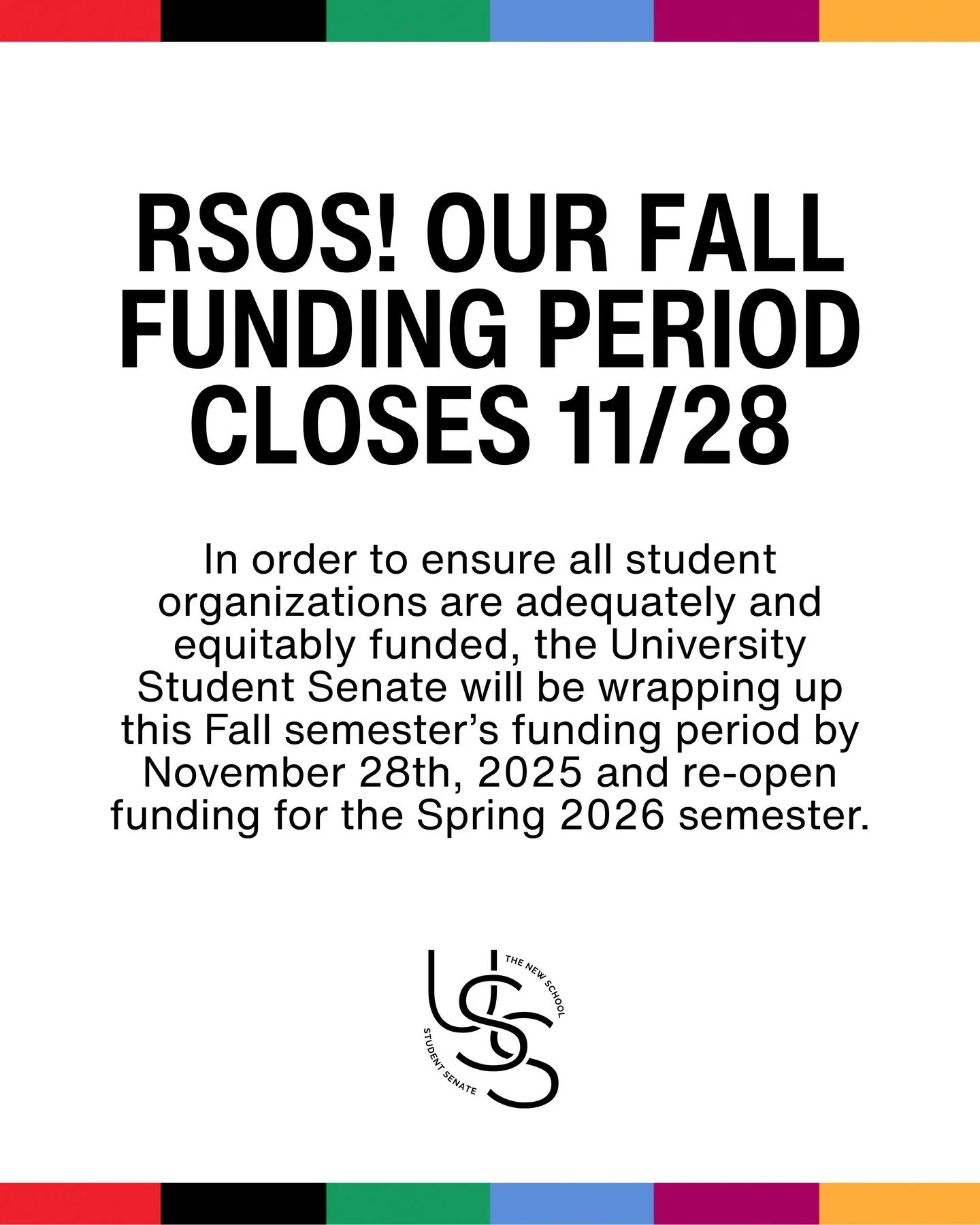 ❤️ Gentle reminder to our RSOs if you didn't catch the email from Gilles last week- our fall funding period will close 11/28! 

This is to ensure all student orgs are adequately and equitably funded. No worries if you're planning events for next seme