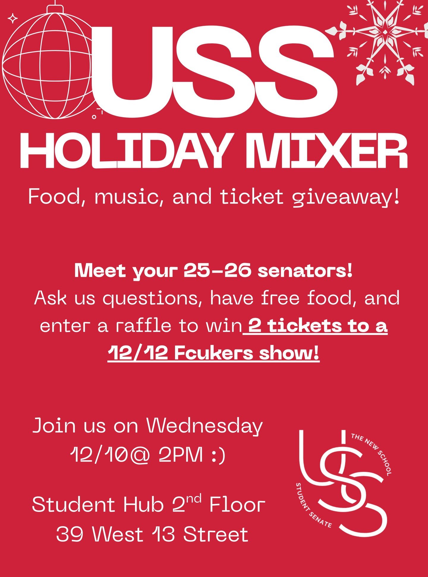 Stressed out by finals? Want free dumplings? ❤️ Here's a reminder we'll be having our USS Holiday Mixer this Wednesday at 2pm in the Student Hub!

We'll share about the work we've done this year over dumplings, buns and more.

P.S. Join us in person 