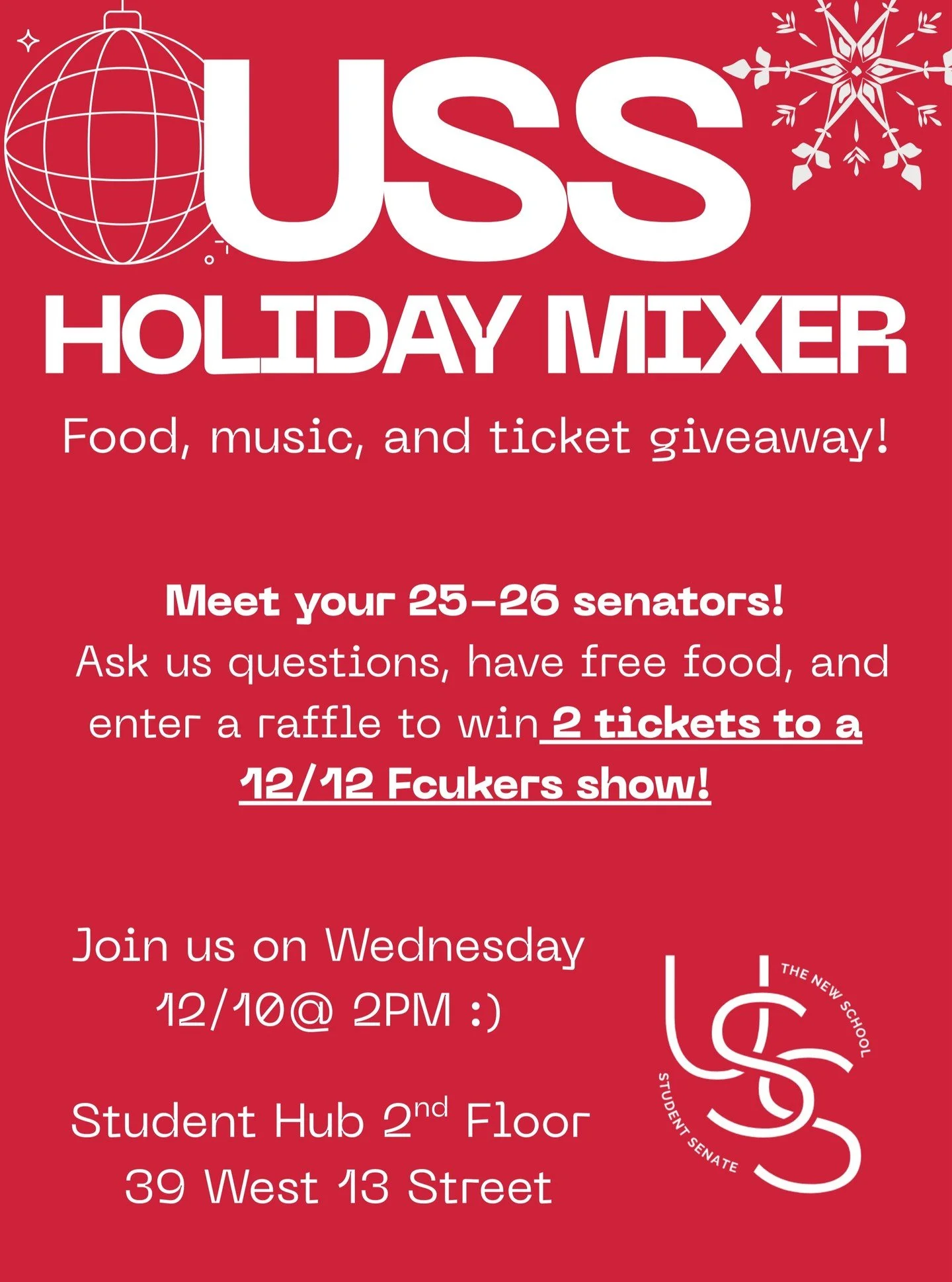 Stressed out by finals? Want free dumplings? ❤️ Here's a reminder we'll be having our USS Holiday Mixer this Wednesday at 2pm in the Student Hub!

We'll share about the work we've done this year over dumplings, buns and more.

P.S. Join us in person 