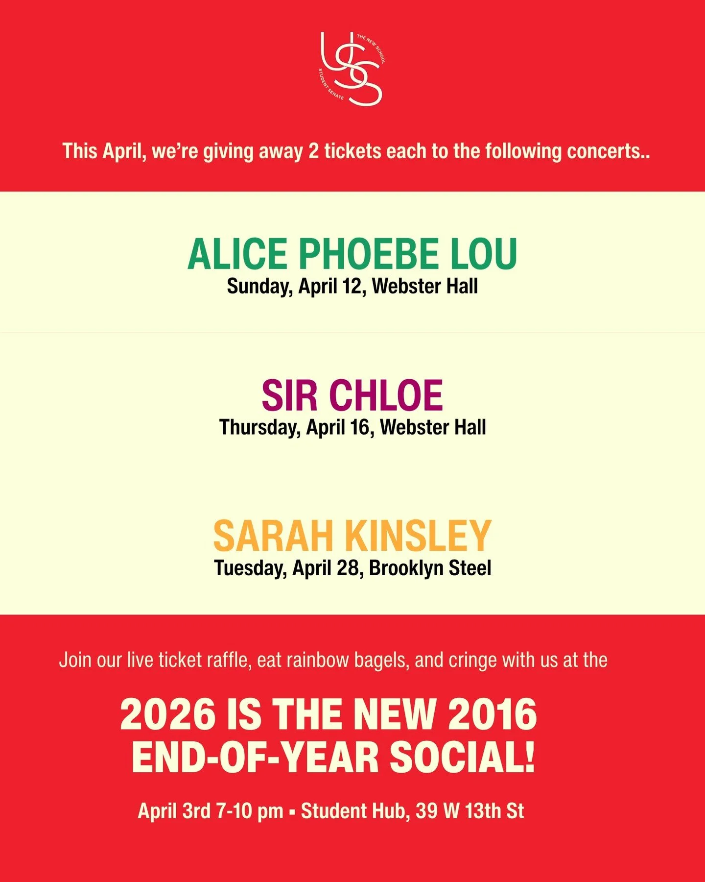 DONT MISS OUT! We're giving away tickets to 3 shows this April: Alice Phoebe Lou, Sir Chloe, and Sarah Kinsley.

Want tickets? Come to our LIVE RAFFLE AT THE 2026 IS THE NEW 2016 PARTY! This Friday the 3rd, we'll be in the Student Hub from 7-10pm han