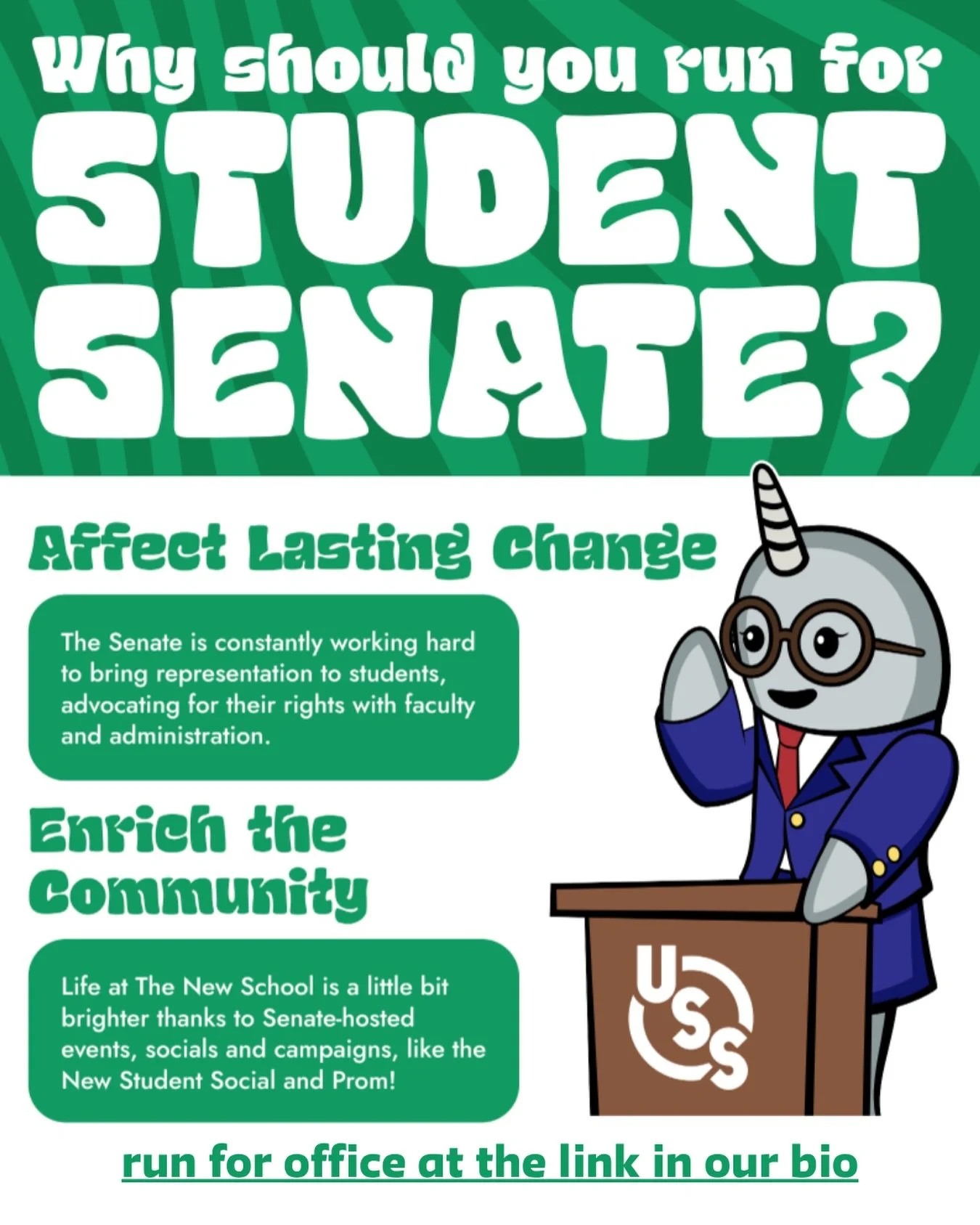Have you ever considered joining student government? Joining the student senate is a great opportunity to have a major impact on the student body and student experience. You could be the perfect person to join! Go to the link in our bio for more info