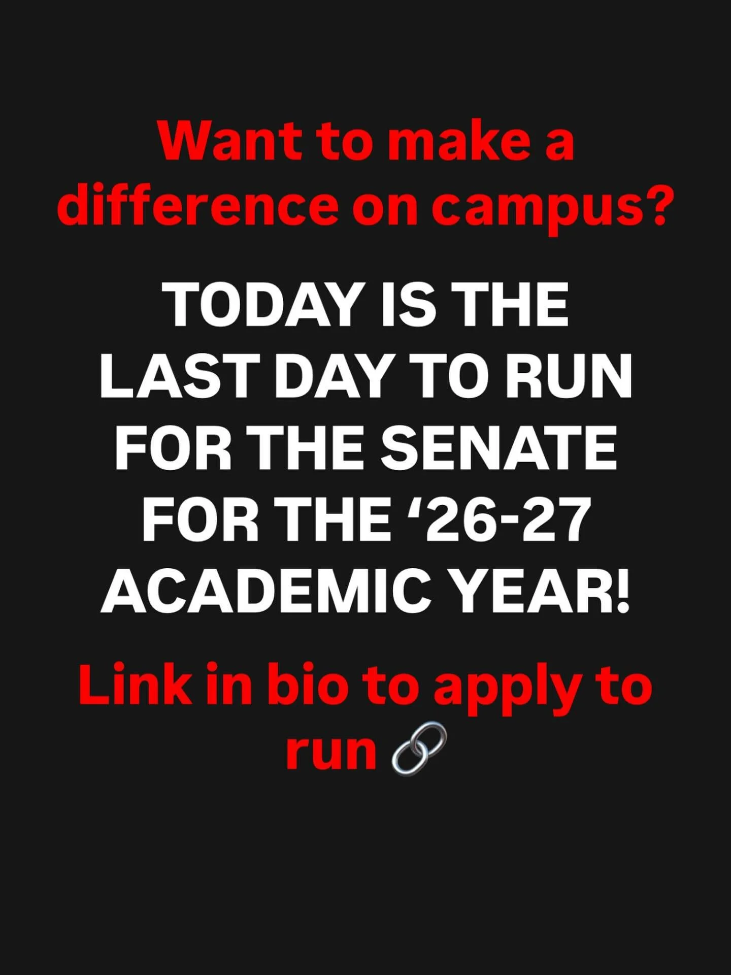 Want to nake a difference on campus? 🤔 TODAY IS YOUR LAST DAY to apply for candidacy to join the University Student Senate for the next academic year! 

As a reminder, the Senate is composed of committees: Finance, Advocacy, Engagement, and Communic