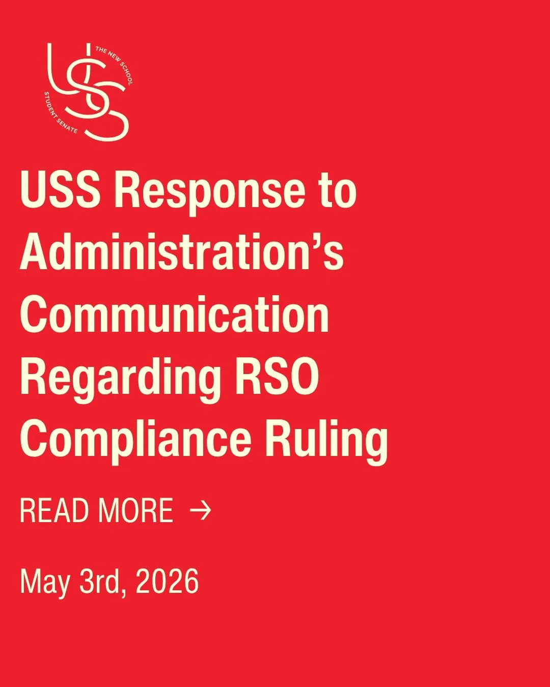 USS releases official statement to Administration's email regarding RSO Compliance Ruling.

-
-

#foryou #thenewschool #studentsenate #collegelife