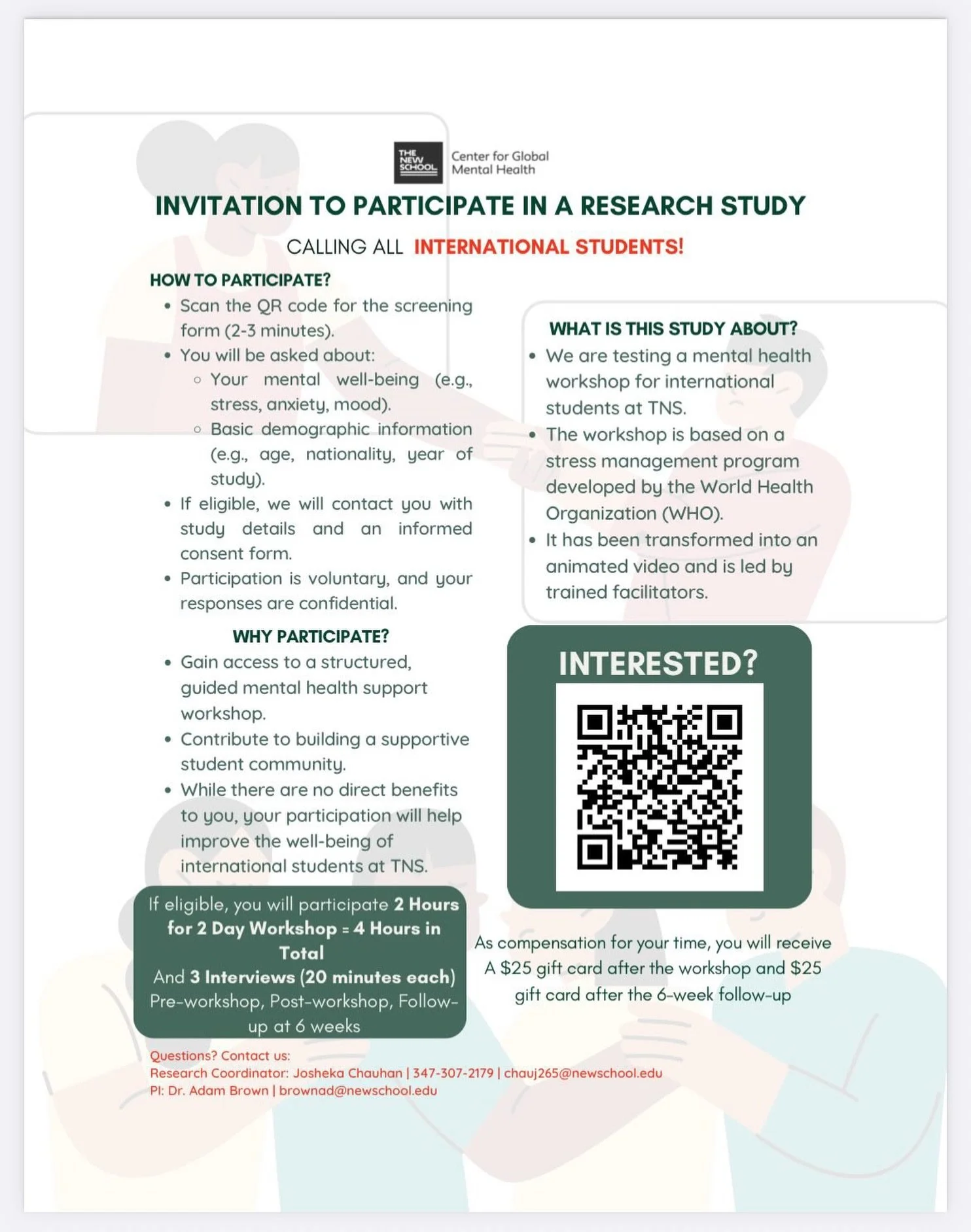 Calling all international students!! The Center for Global Mental Health is hosting a stress management workshop for international students at the New School!

The workshop will be held on May 21st and May 22nd, from 2-4 pm on both days.

Eligible pa
