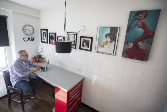A mechanic's set of tool drawers anchors celebrity makeup artist Dino Dilio's kitchen desk