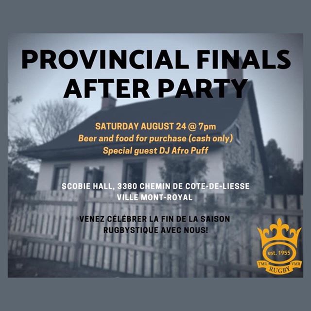 You are cordially invited to celebrate the end of the season at our clubhouse Saturday August 24th at 7pm! 
@beaconsfieldrugby @club_rugby_quebec @rugby.crq @westmountrugby @montrealirish @mtlwanderersrfc @rugbycanada @rugbyquebec @locksrugby @rugbyl