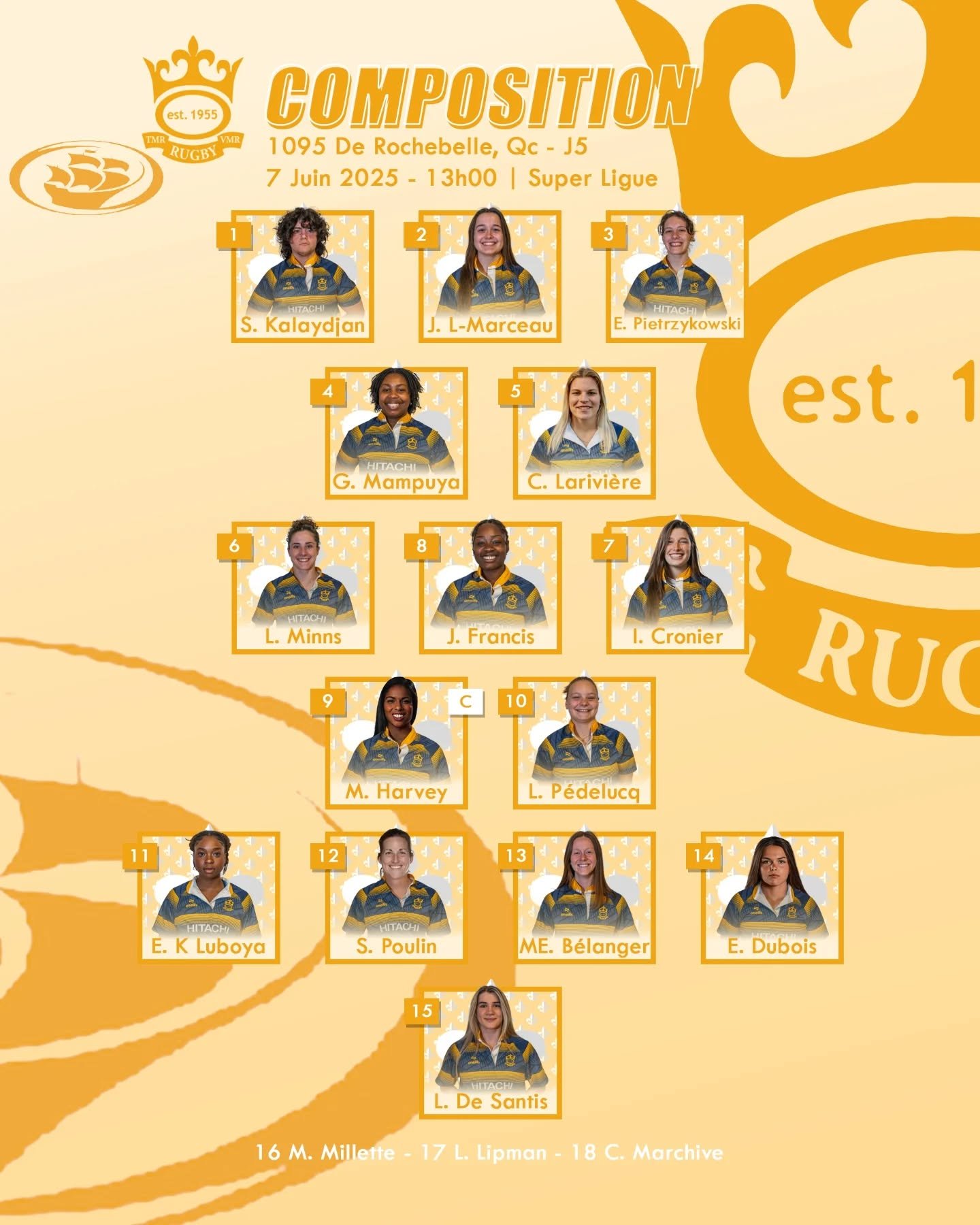 &bull;Fr&bull; ⚔️ Votre escouade Or pour le long d&eacute;placement de cette fin de semaine face au @rugbycrq !

📍1095 Avenue De Rochebelle, Qu&eacute;bec 
🗓 Samedi 7 juin 2025
🕐 Match &agrave; 13h
------
&bull;En&bull; ⚔️ Your Gold squad for this
