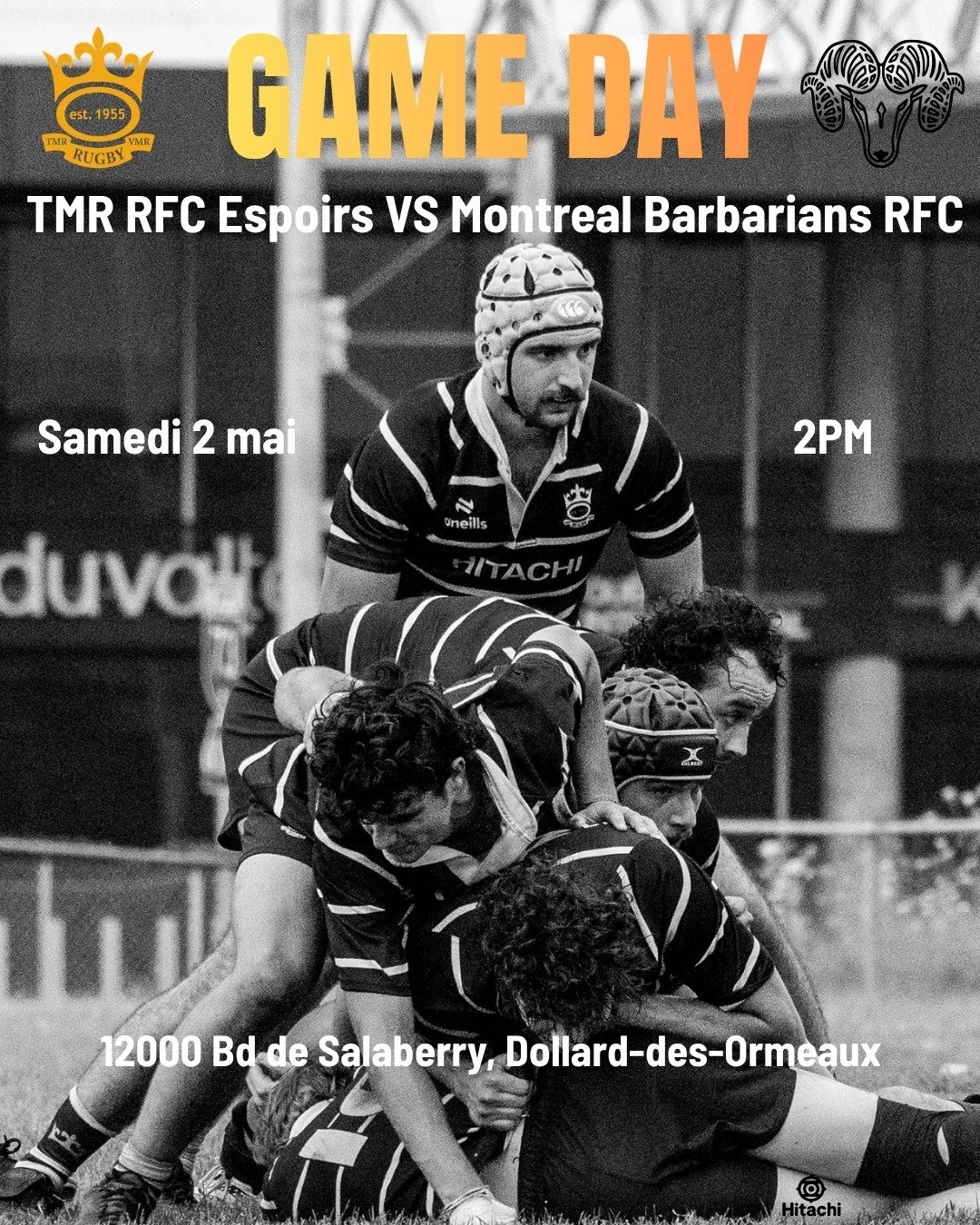 🏉 GAME DAY
TMR RFC Espoirs vs Montreal Barbarians RFC

Pre-season friendly
Our 3rd senior team, the espoirs squad.

🕑 2PM
📍 12000 Bd de Salaberry, Dollard-des-Ormeaux
A great way to start the season together, be there !

...

🏉 Jour de match
TMR 