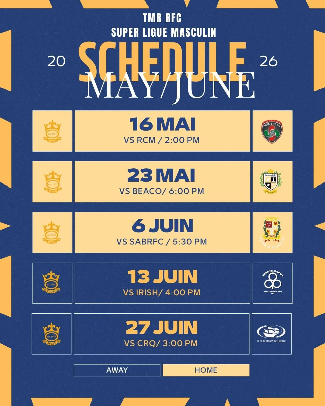 MAI/ JUIN CALENDRIER 🏉. 

On plaque tout&hellip; sauf le calendrier ! 🗓️ On est (tr&egrave;s) l&eacute;g&egrave;rement en retard, mais promis, on est plus rapides sur le terrain ! 
Apr&egrave;s une petite (forte) demande, le voil&agrave; !🕺

&hell
