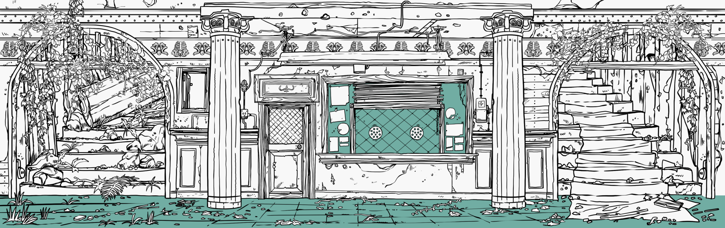 Illustrated overgrown ancient Greek-style ruins with columns, vines, stone steps, and a turquoise tiled window or gate.