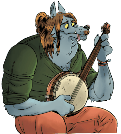 Illustrated anthropomorphic wolf musician playing a banjo while seated, wearing a green shirt and orange pants