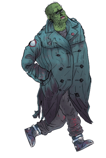Illustration of a green zombie wearing a dark blue trench coat and sneakers