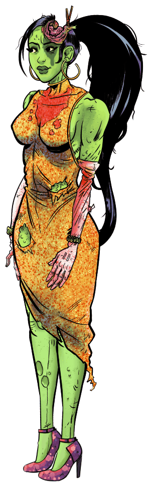 Full-body illustration of a green-skinned woman with long black hair, wearing an orange patterned dress, pink gloves, and purple high heels.