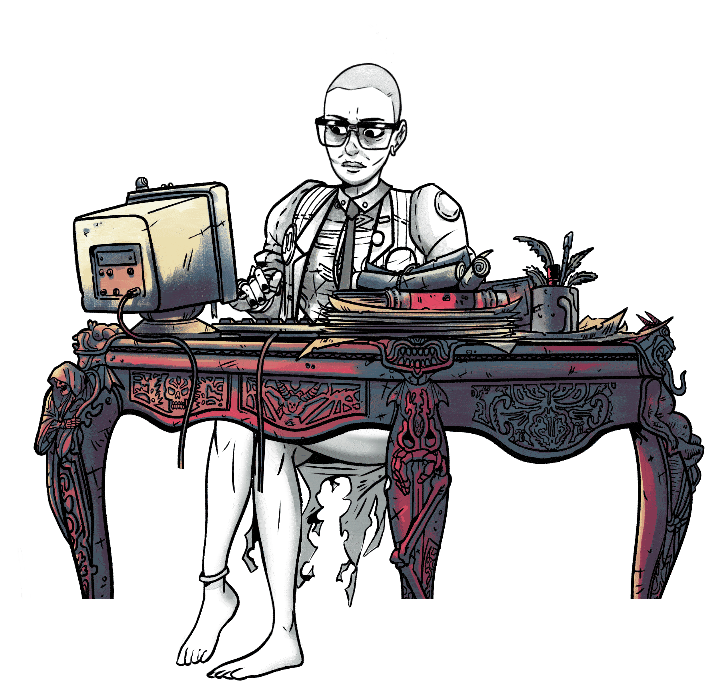 Illustration of a bald woman in glasses working at an ornate antique desk with a vintage computer, books, cables, and potted plant