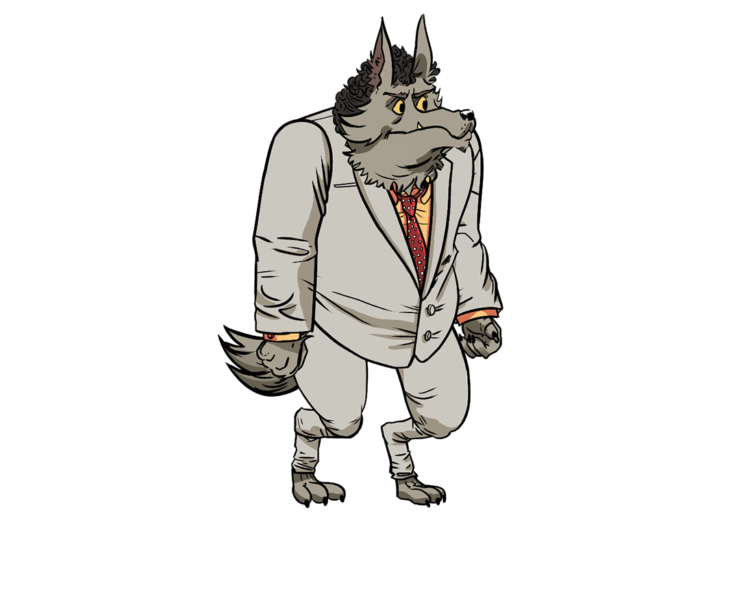 Anthropomorphic gray wolf wearing a beige suit and red polka-dot tie