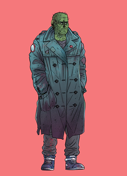 Illustration of a tall green Frankenstein-like monster wearing a long blue-gray trench coat and sneakers on a pink background