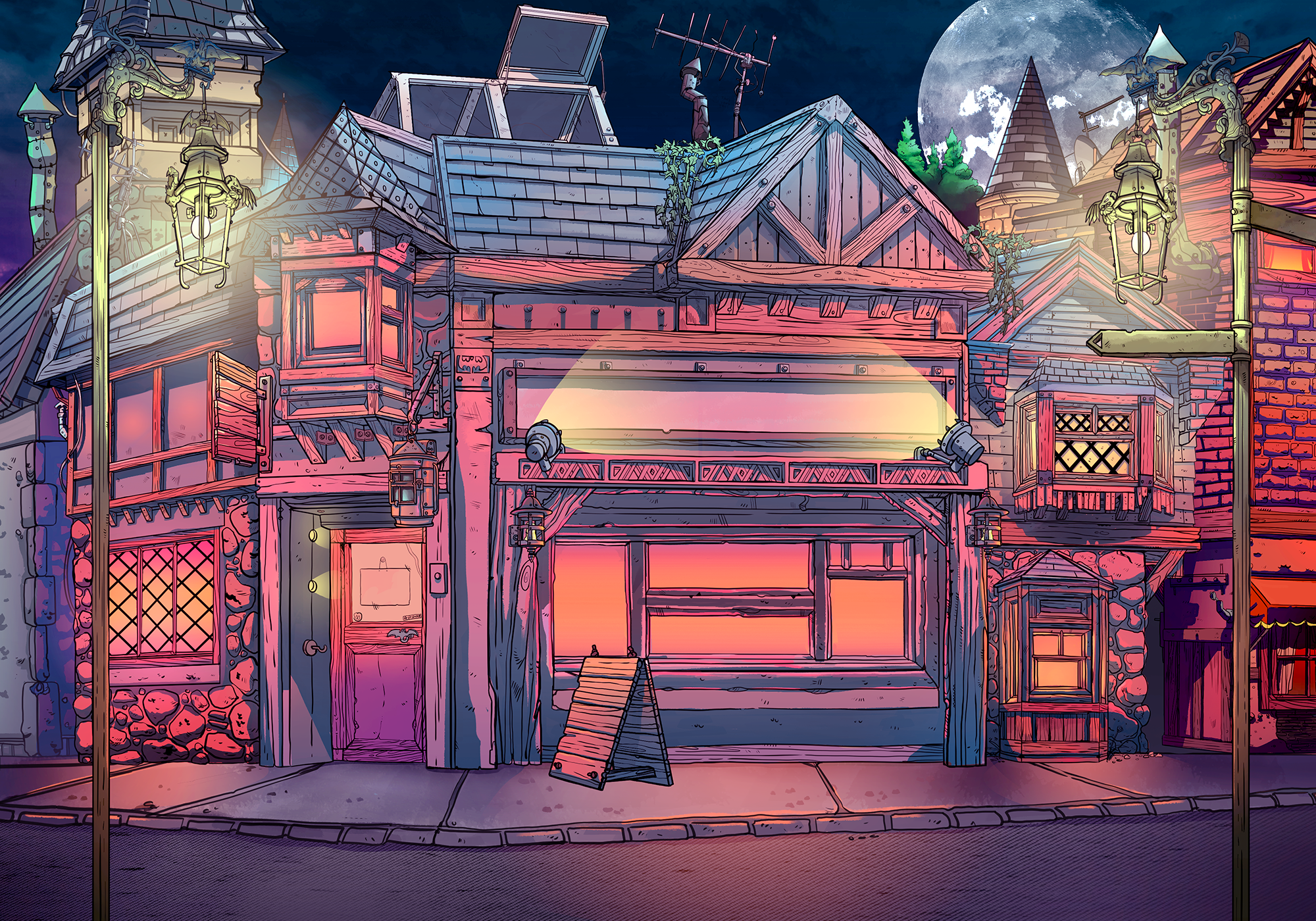 Colorful hand-drawn fantasy village street at night with a large moon, timber-framed buildings, glowing lanterns, and a central shopfront.