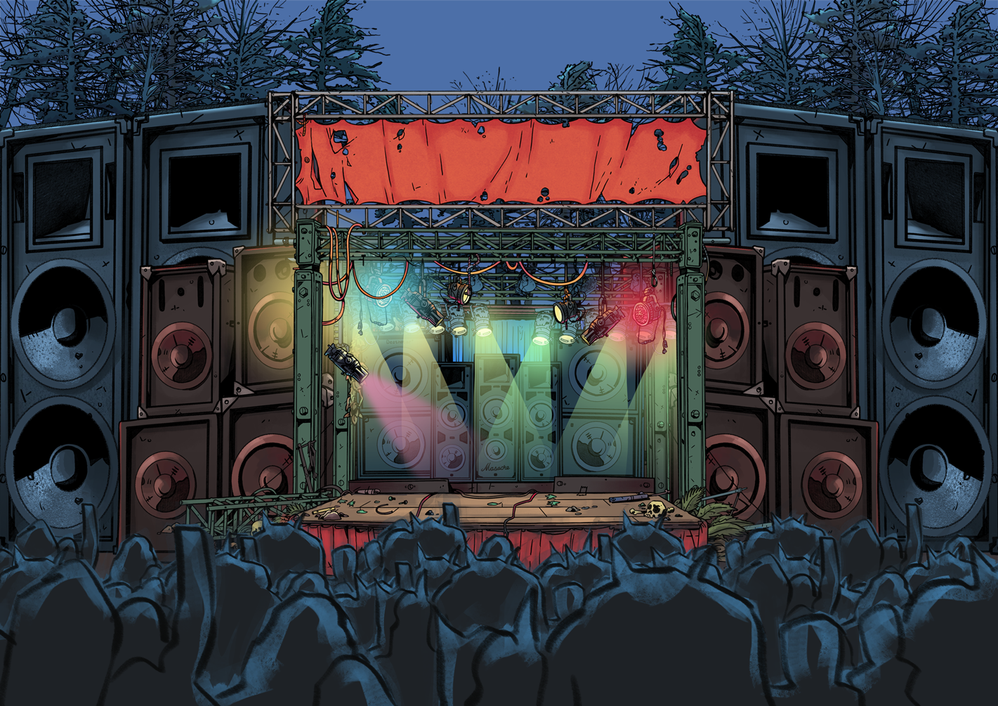 Illustrated outdoor concert stage with colorful spotlights, DJ equipment, stacked speakers, and a crowd silhouetted in the foreground