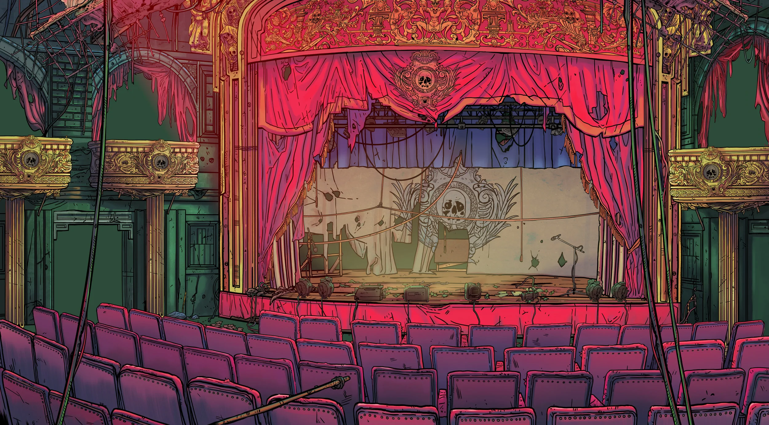 Abandoned theater stage with torn red curtains, skull artwork, ornate gold decor, broken lighting equipment, and rows of purple seats.