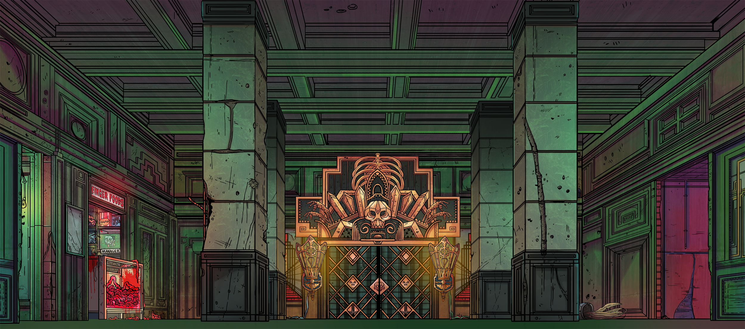 Stylized dark fantasy art deco hallway with cracked stone columns, a skull-and-demon elevator entrance, and a finger foods shop.