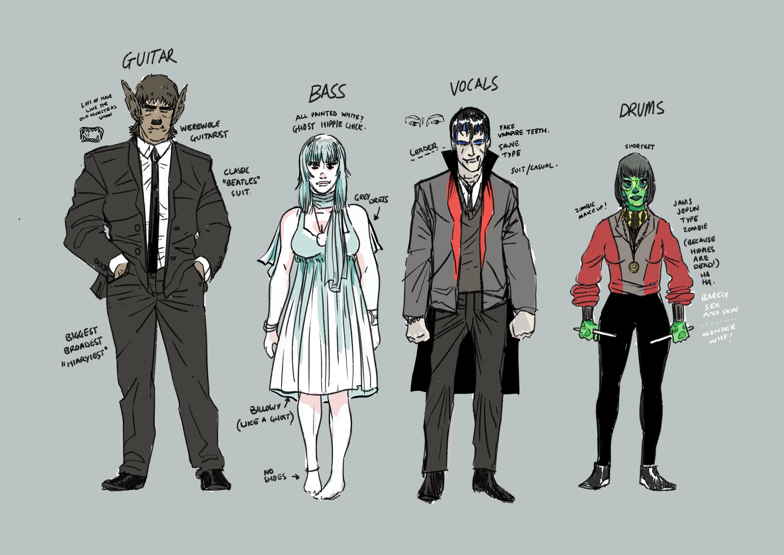 Illustrated lineup of four supernatural rock band members: a werewolf guitarist, ghostly female bassist, vampire vocalist, and zombie drummer.
