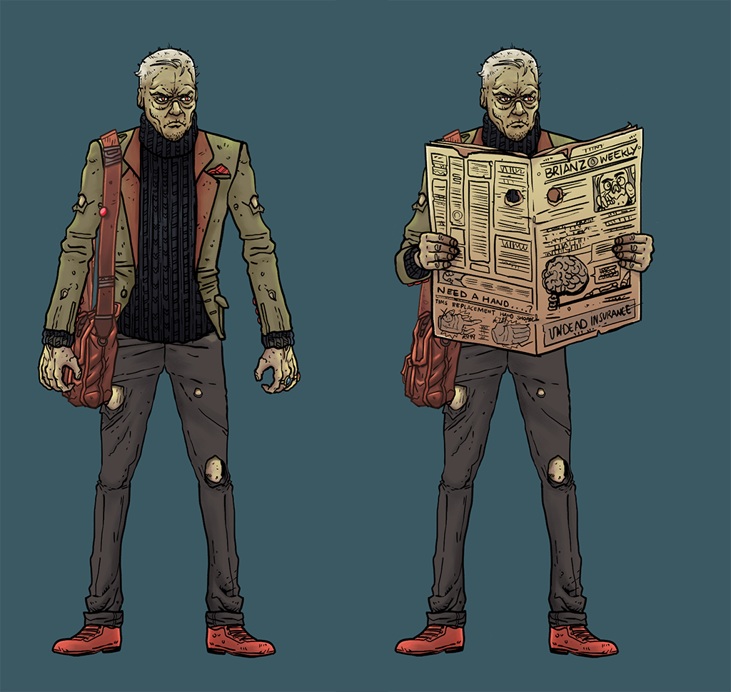 Illustration of a grim, zombie-like man in a suit and red shoes, shown standing and reading a newspaper