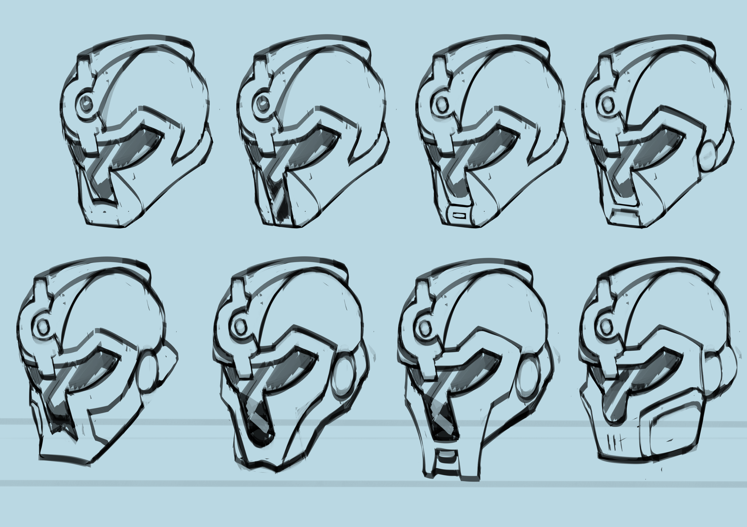 Pattern of multiple robot helmets on a light blue background.