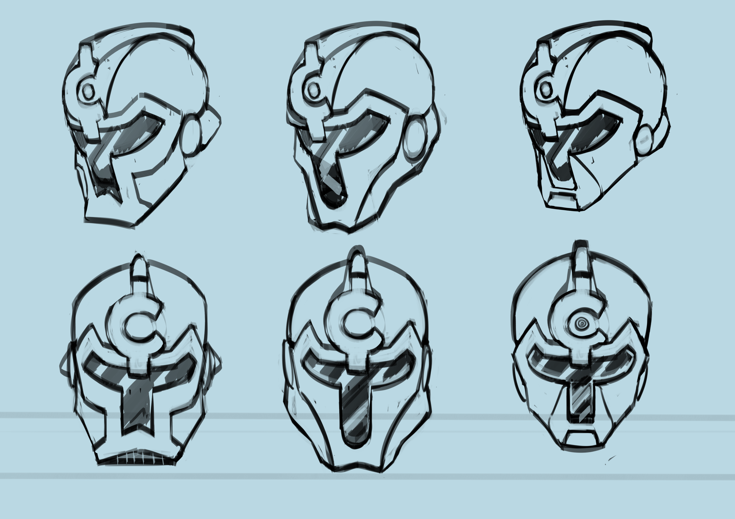 Sketches of six stylized human heads wearing futuristic helmets or masks, displayed in two rows, on a light blue background.