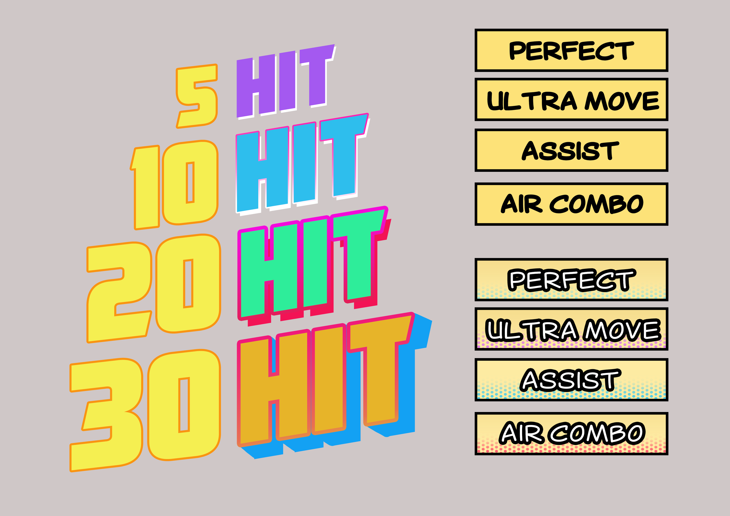 Colorful text that reads '5 HIT 10 HIT 20 HIT 30 HIT' in a stacked fashion with each word in a different bright color, and a list of options on the right side labeled 'PERFECT,' 'ULTRA MOVE,' 'ASSIST,' 'AIR COMBO,' in black text on yellow backgrounds